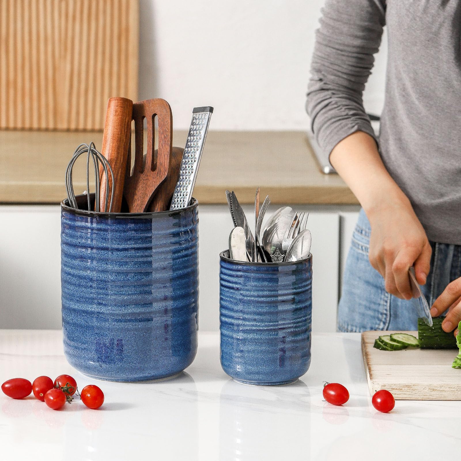 Hasense Utensilienhalter, 18,8 cm + 13,7 cm, Keramik-Kochutensilien-Topf für Küchentheke, 2 Stück, Utensilien-Organizer für Spatel und Löffel, Küchendekoration, Marineblau