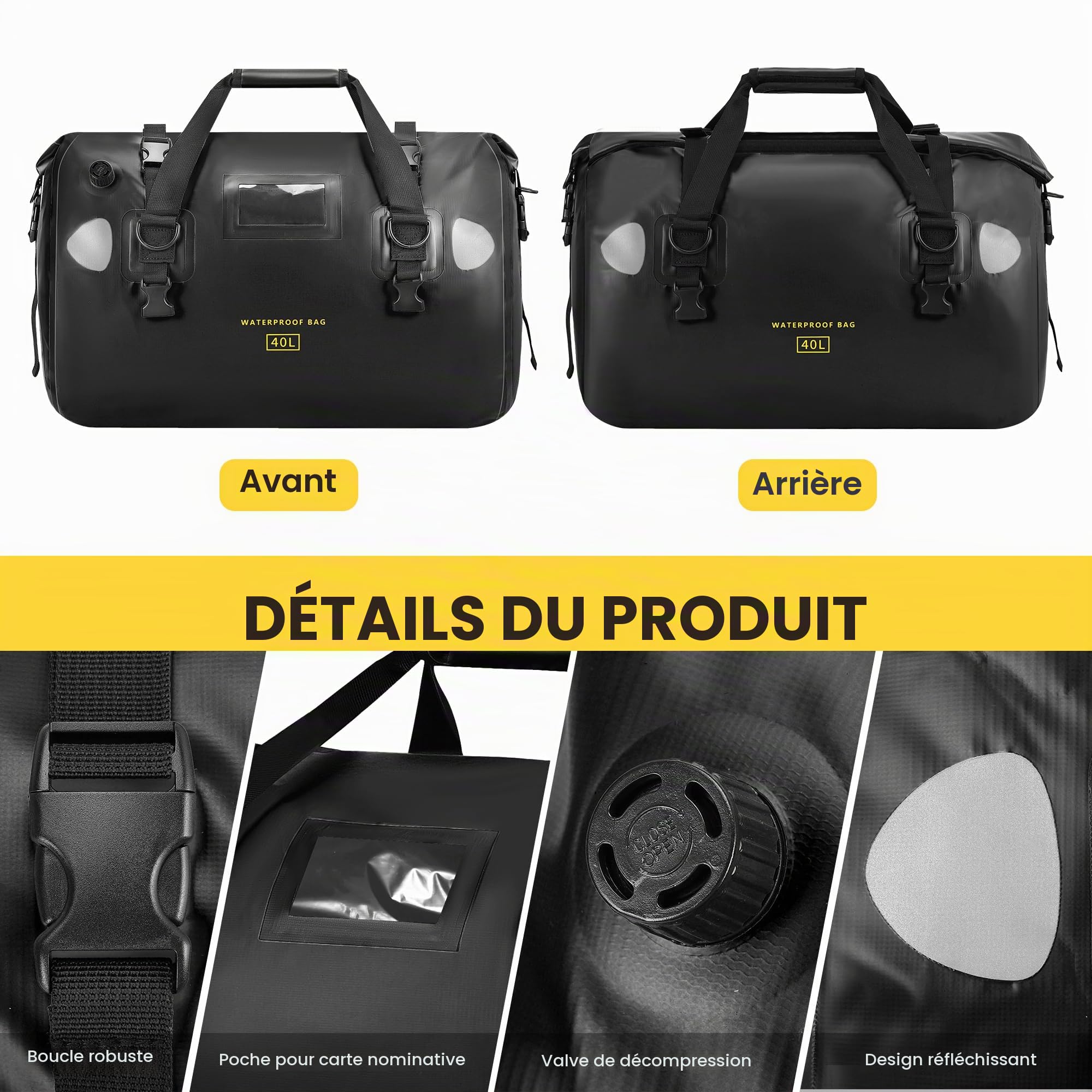 HOMIEE Sacoche arrière de moto - Étanche - 40 l - Grande sacoche arrière avec sangles à fermeture rapide - Pour touring, camping, moto, cyclisme, sports nautiques (noir)