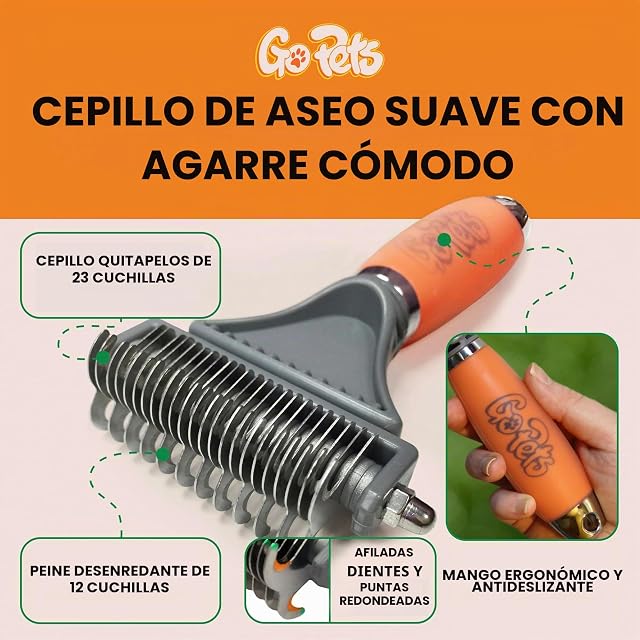 Foto 3 de 8 de GoPets Peine desenredante con rastrillo de aseo profesional de 2 lados para gatos y perros