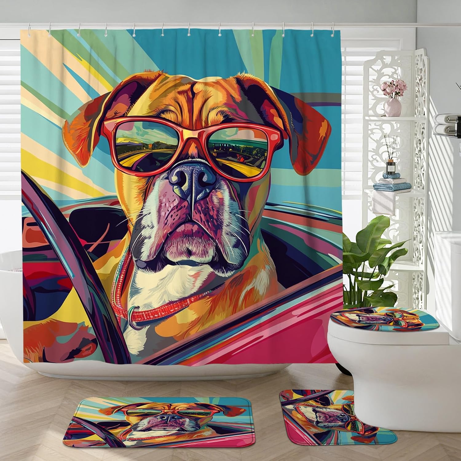 4PCS Fun Boxer Dog Bathroom Sets, Bath Accessory with Non-Slip Rug, U Shape and Toilet Lid Cover Mat, Pop Art Chien Bathroom Decor-72''x72''