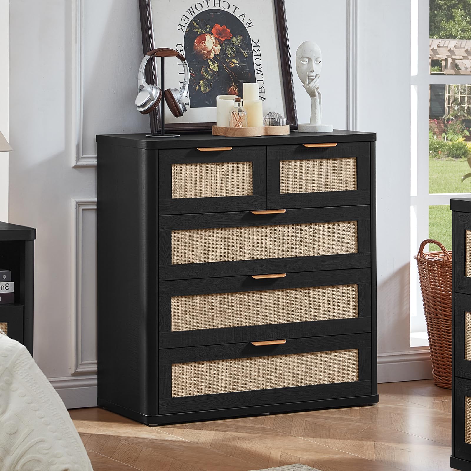 LEYAOYAO Rattan Dresser for Bedroom, 33.5" Tall Chest of Drawers, Modern 5 Drawers Boho Dressers with Storage, Light Oak Dresser Wooden Closet Organizer for Living Room, Hallway, Black