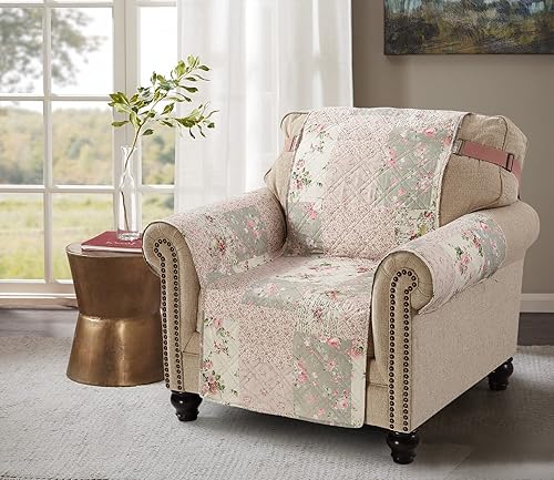 Miniatura 25 de Brilliant Sunshine Funda para Sofá de Retazos con Flores de Durazno y Olivo, Funda Acolchada para Sofá Grande, Ancho de Asiento de 70", Protector de
