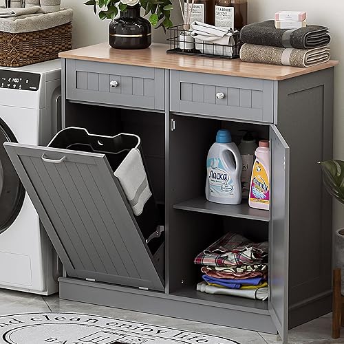 Miniatura 11 de AHB Bote de basura abatible de 13 galones, armario de basura oculto para cocina, armario de reciclaje independiente con cajones escondidos, bote de