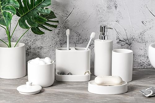 Miniatura 2 de SURUI - Juego de accesorios de baño de 5 piezas, juego completo de accesorios de baño blanco mate con soporte para cepillo de dientes, vidrio de