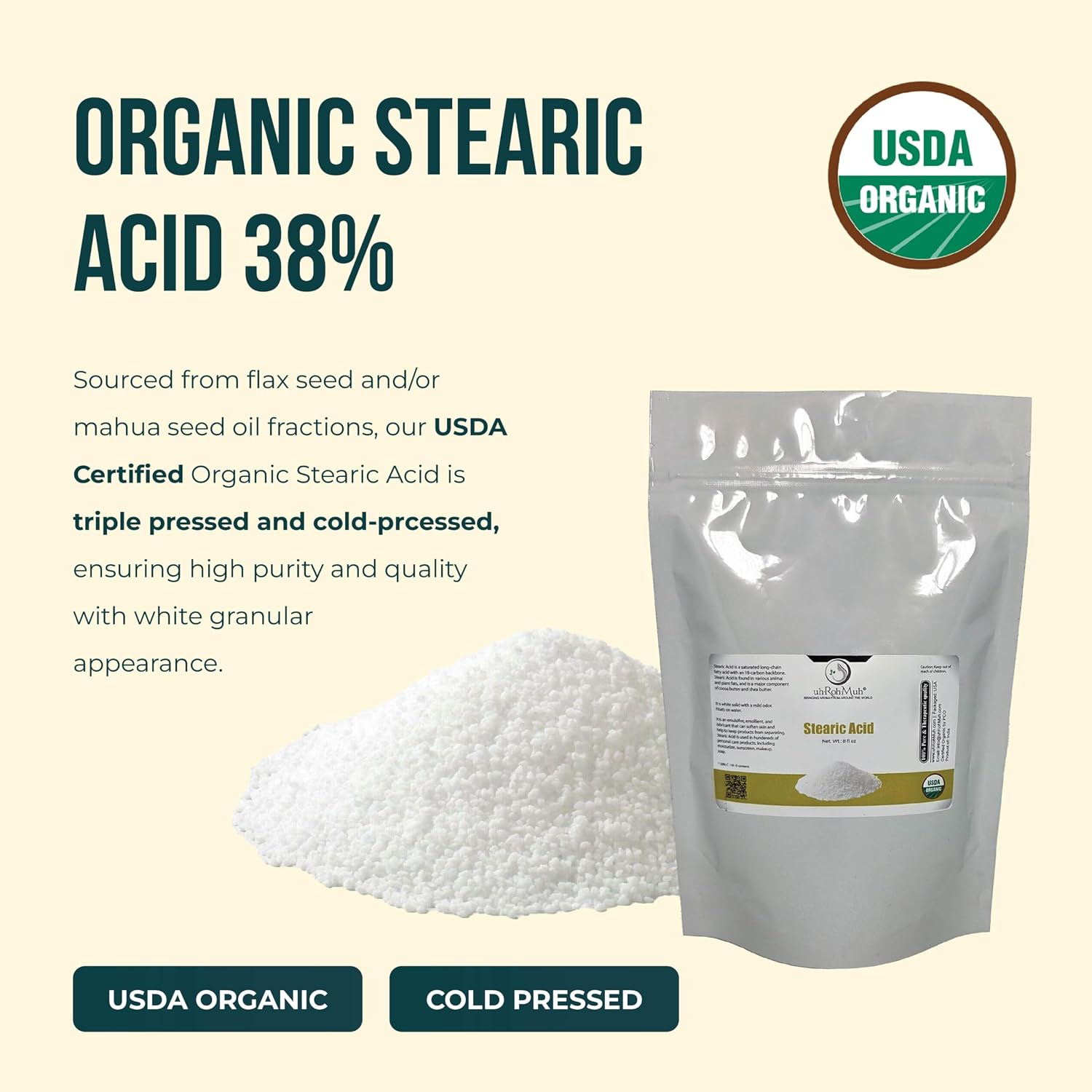 Organic Stearic Acid 38% – Triple Pressed, Cold-Pressed from Flax & Mahua Oil – Emulsifier, Thickener & Lubricant for Soaps, Cosmetics, Lotions, Candles, Creams – 8 Ounce
