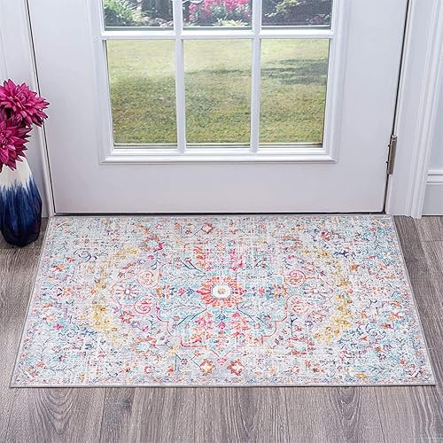 Estmy Alfombra bohemia elegante con medallón envejecida, 2 x 3 pies, estilo oriental vintage, bohemia, ultra fina, de tejido plano, antideslizante,