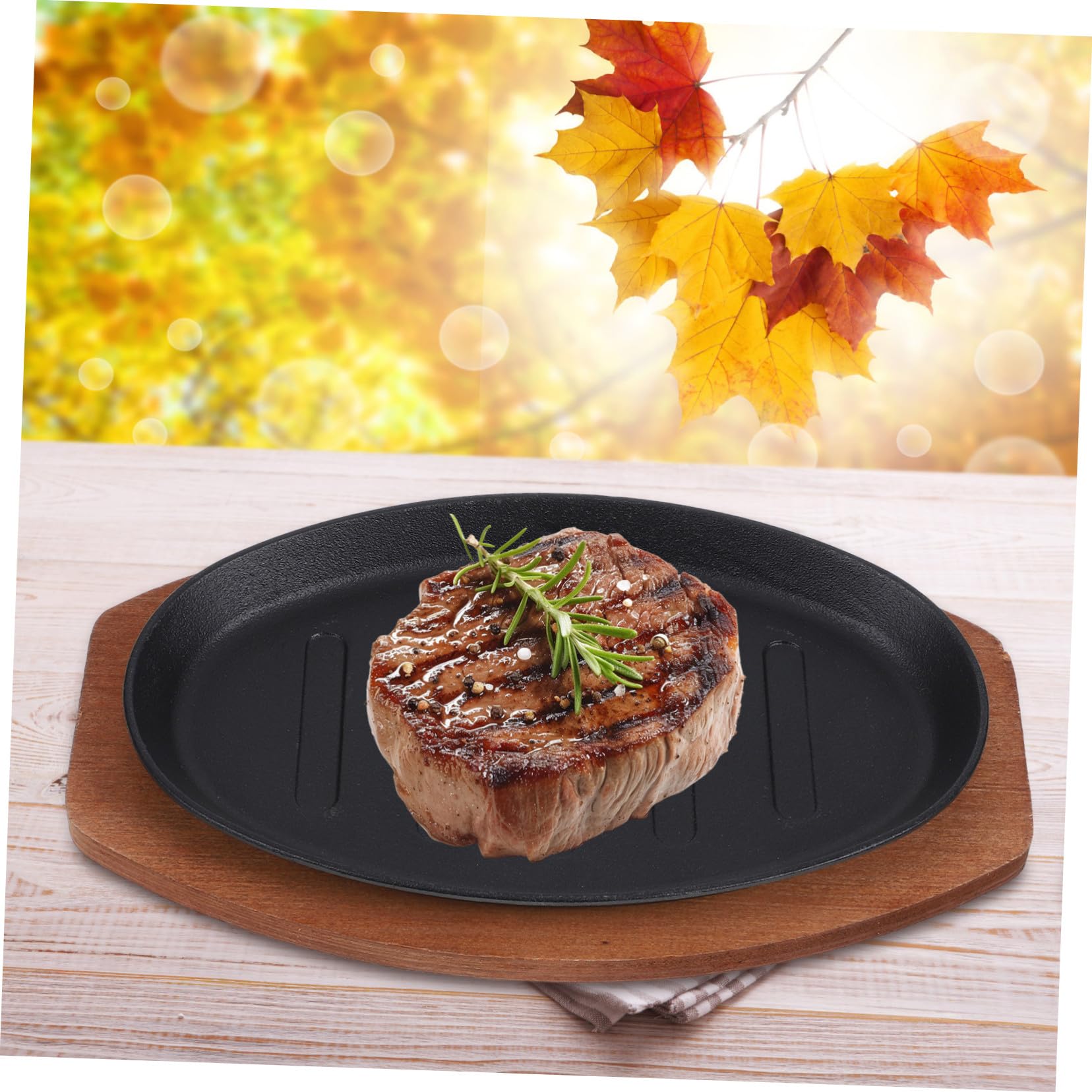 Plancha de Hierro Fundido para Bistec con Base de Madera Superficie Lisa y Fácil de Limpiar Adecuado para Freír Papas y Asar Carnes en Casa