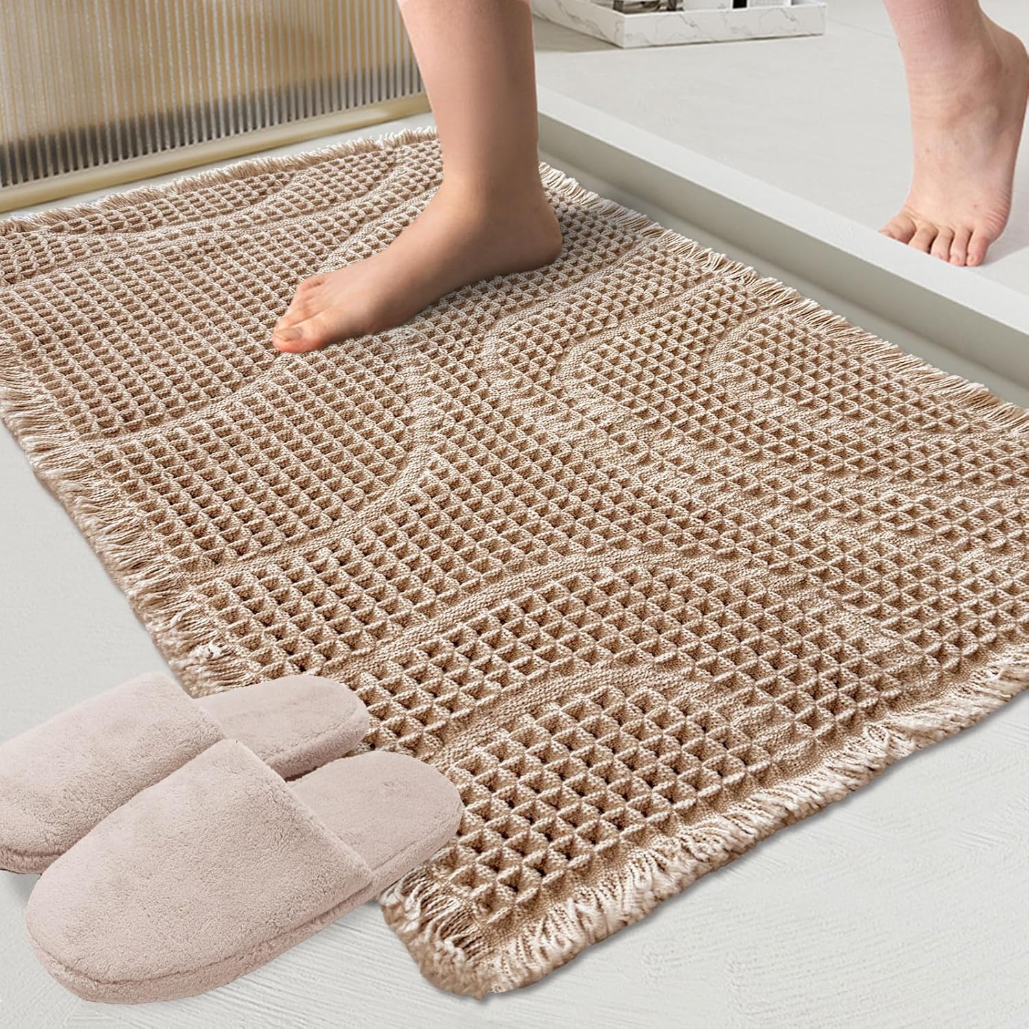 ZALL Tan Waffle Bath Mat Wavy,Super Absorbent Non Slip Bathroom Rug, Brown 24x36inch, Machine Washable Ultra Soft Floor Mats