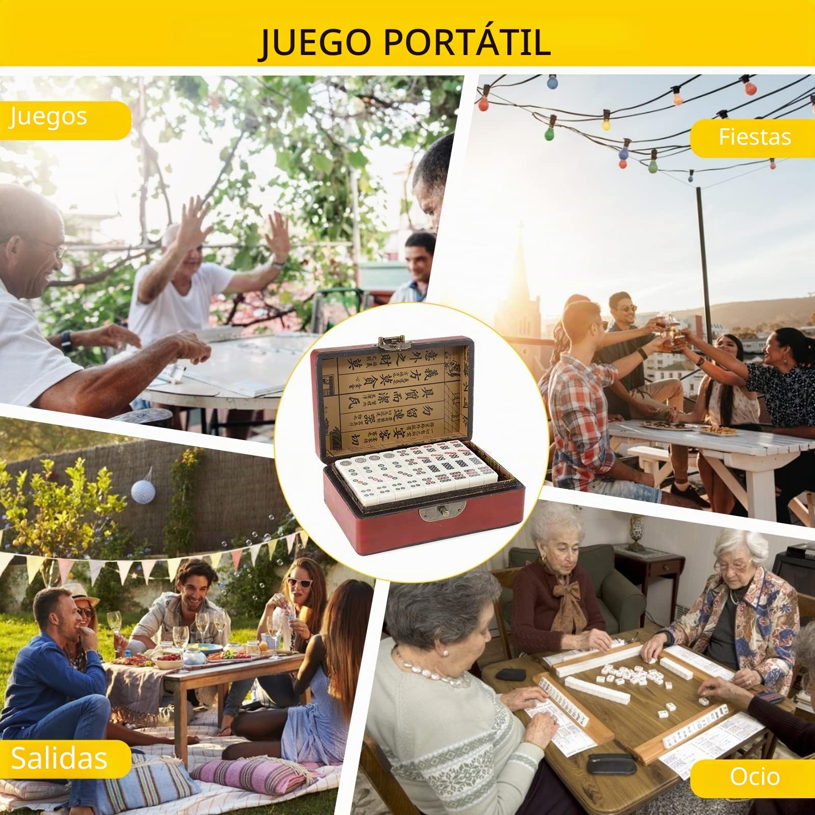 Dyna-Living Mini juego de Majong Chino, estructura sólida fácil de leer, 2 cajas de transporte de dados y cuero, juegos completos de Majong