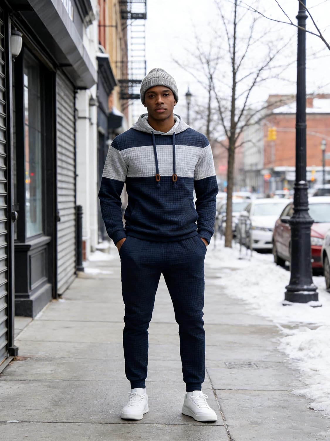 UOUA Mens Tracksuit 2 Piece Hoodie & Sweatpants Set Waffle Jacquard Sweatsuit Outfits Casual Jogging Suits - Image 5