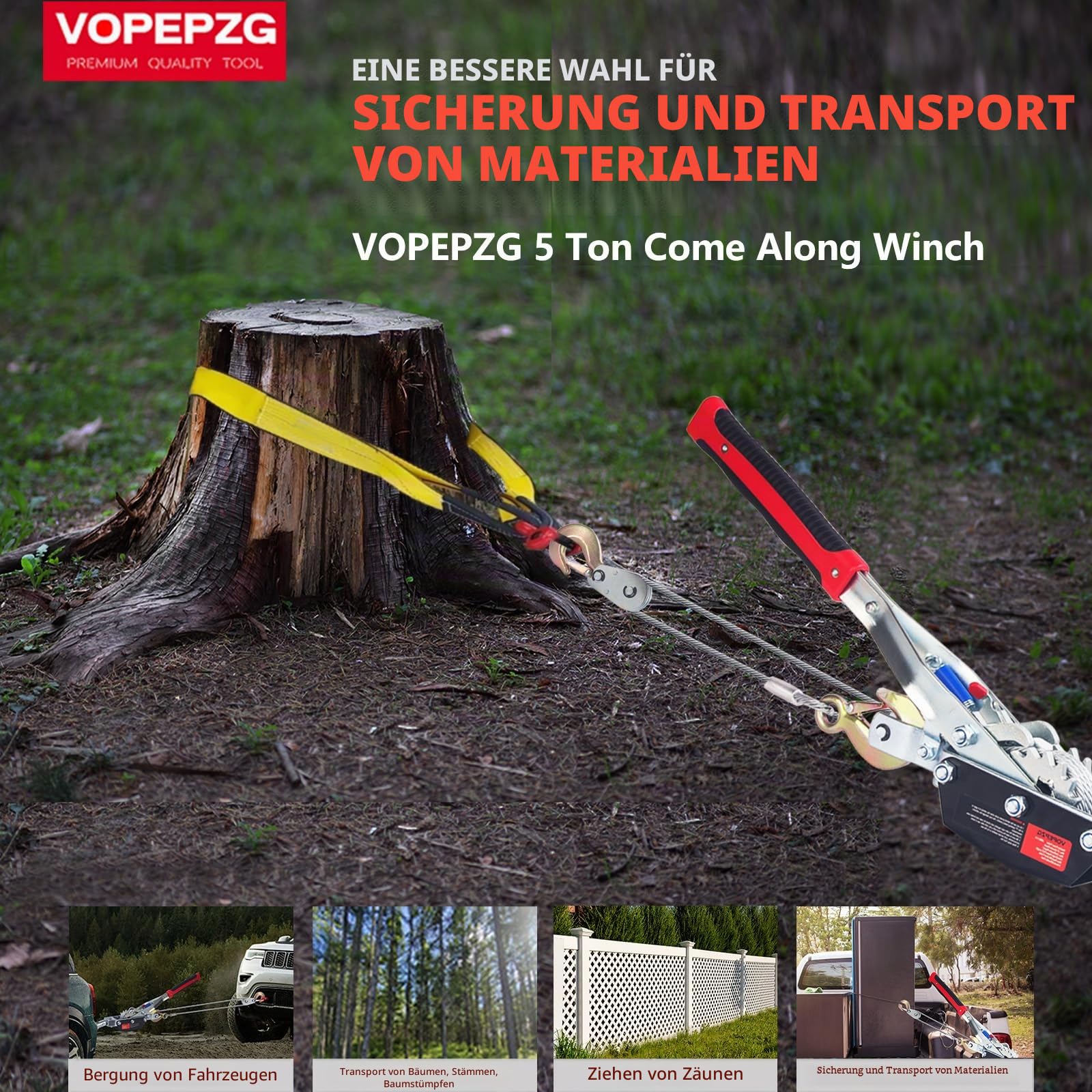 Seilwinde, 5 Tonnen Kapazität mit 30 m langem Stahlkabel, robustes Werkzeug mit Doppelgetriebe, 3 Haken, Handseilwinde Werkzeug für Straßenfahrzeug-Wiederherstellung und Ziehen von Baum,