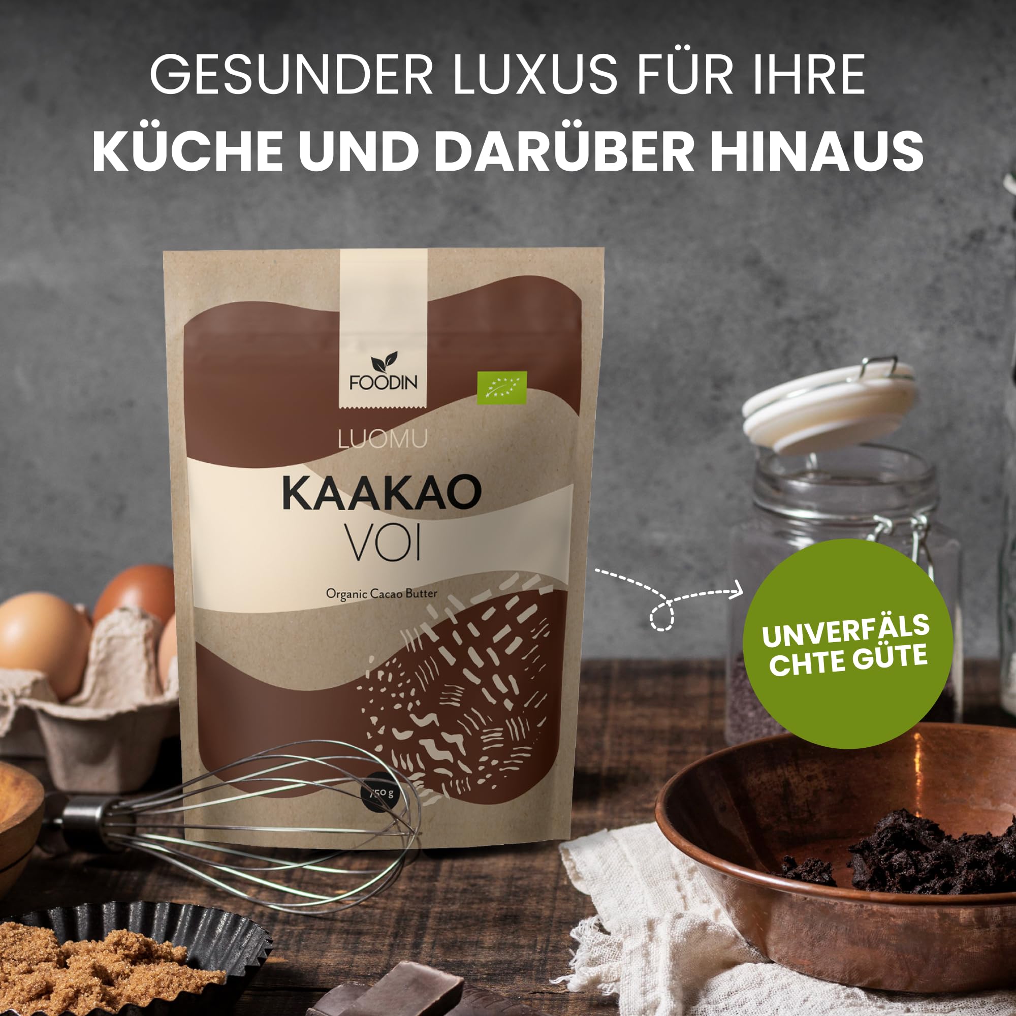 FOODIN Kakaobutter 750g, Bio-Kakaobutter für Kosmetik, süß duftend für Hautpflege, Backen & Kochen, ideal für Rezeptbedürfnisse