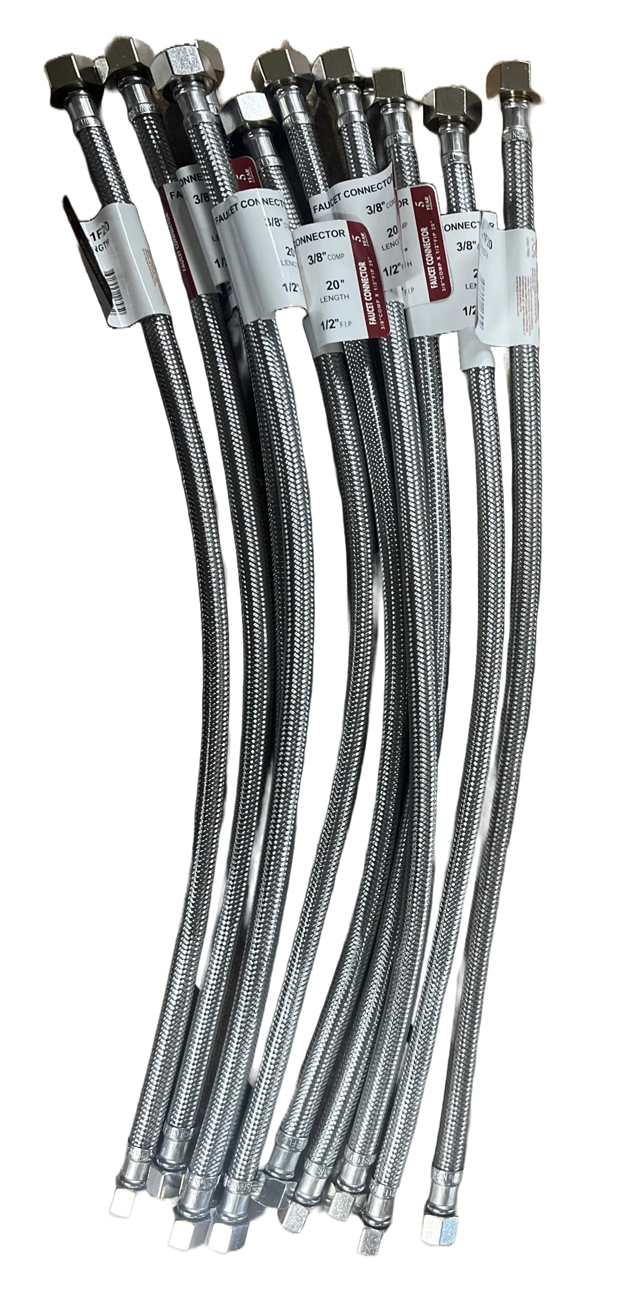 EZ-Fluid Stainless Steel Braided Flexible Kitchen Tap Hose Lines 1/2'' Fip x 3/8'' Comp x 20'' (Pack 10)