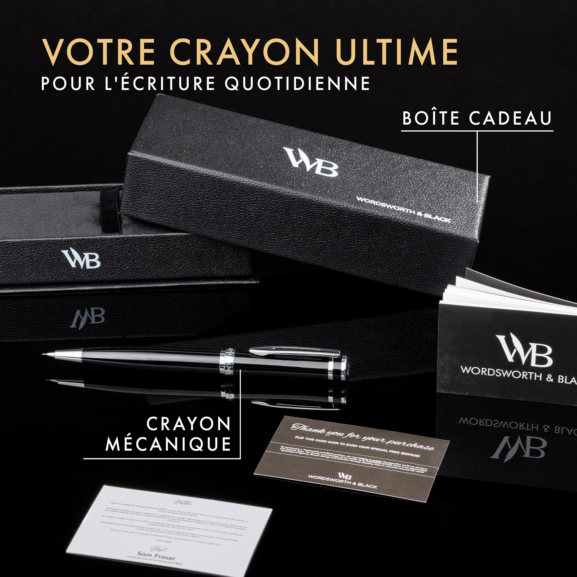 Wordsworth et Black Crayon Mécanique Mine de Graphite - Laque Noire avec Finition Chromée, Mine de 0,7 mm, Coffret Cadeau pour Hommes et Femmes, Crayons Professionnels de Bureau