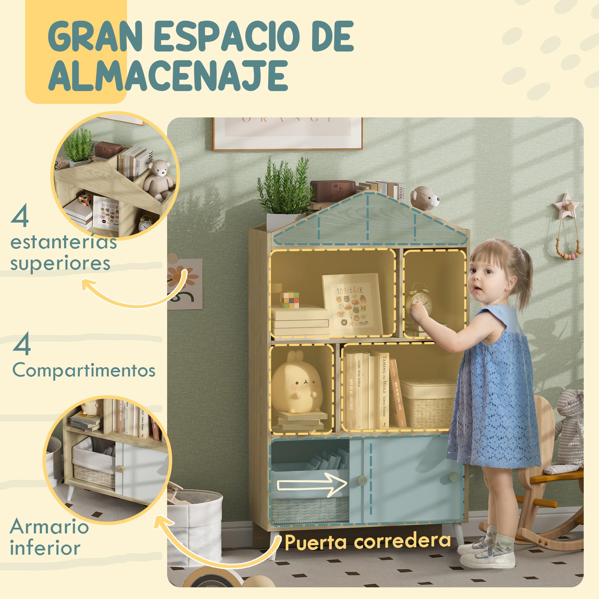 AIYAPLAY Estantería Infantil de Madera 80x30x140,5 cm Blanco y Natural | 4 Compartimentos, Librería Infantil, Estantes Abiertos, Armario, para Habitación Niños, Sala Juegos