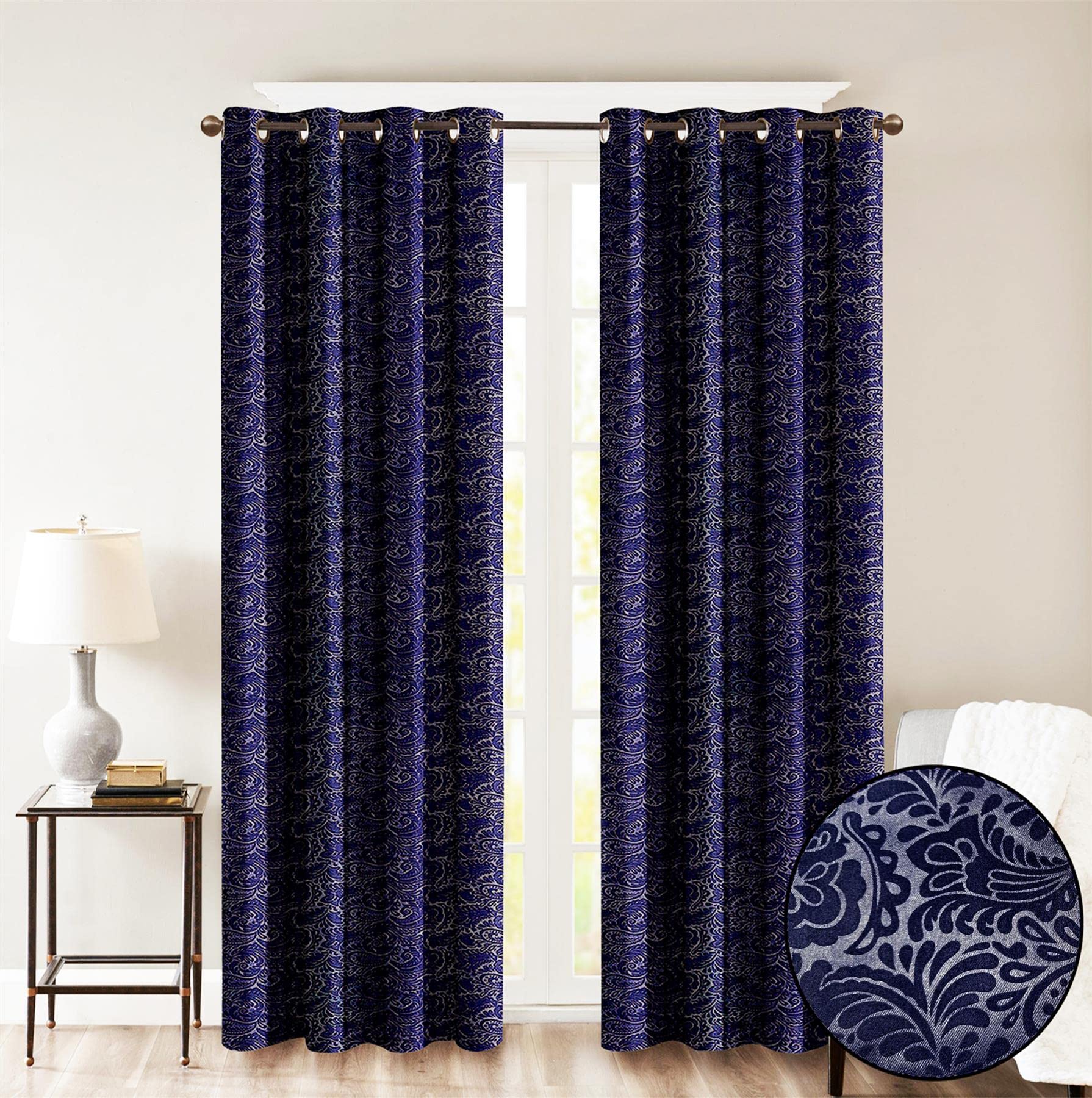 Roseley Embossed Eyelet Curtains Leafy Paisley Patterns Elegant Blackout Living Room Bedroom Dimout Window Treatment [Navy Blue, 66" x 54"]
