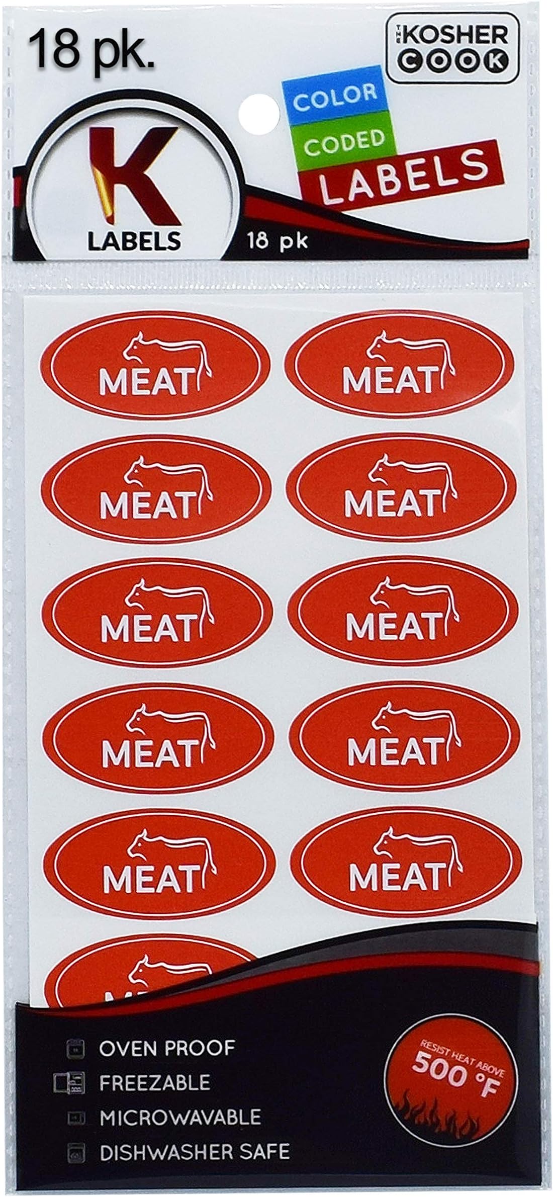The Kosher Cook Meat Red Kosher Labels - Oven Proof up to 500ยฐ, Freezable, Microwavable, Dishwasher Safe, English - Color Coded Kitchen Stickers (Pack of 18)