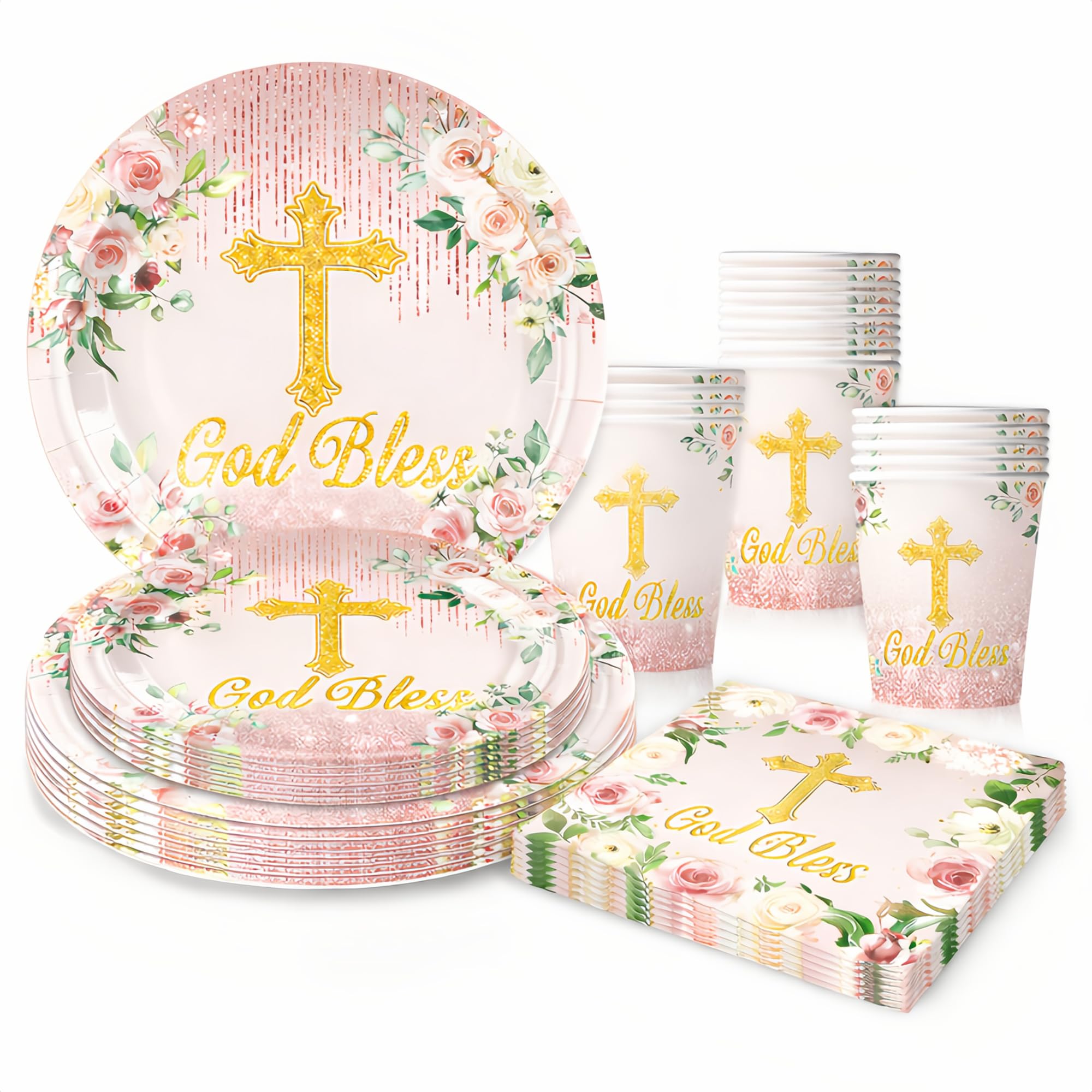 First Holy Communion Christening Decorations 50Pcs First Communion Plates Napkins Tablewear Party Supplies for Cross Baptism Baby Shower Party Decorations Serves God Bless Paper Napkins ﻿