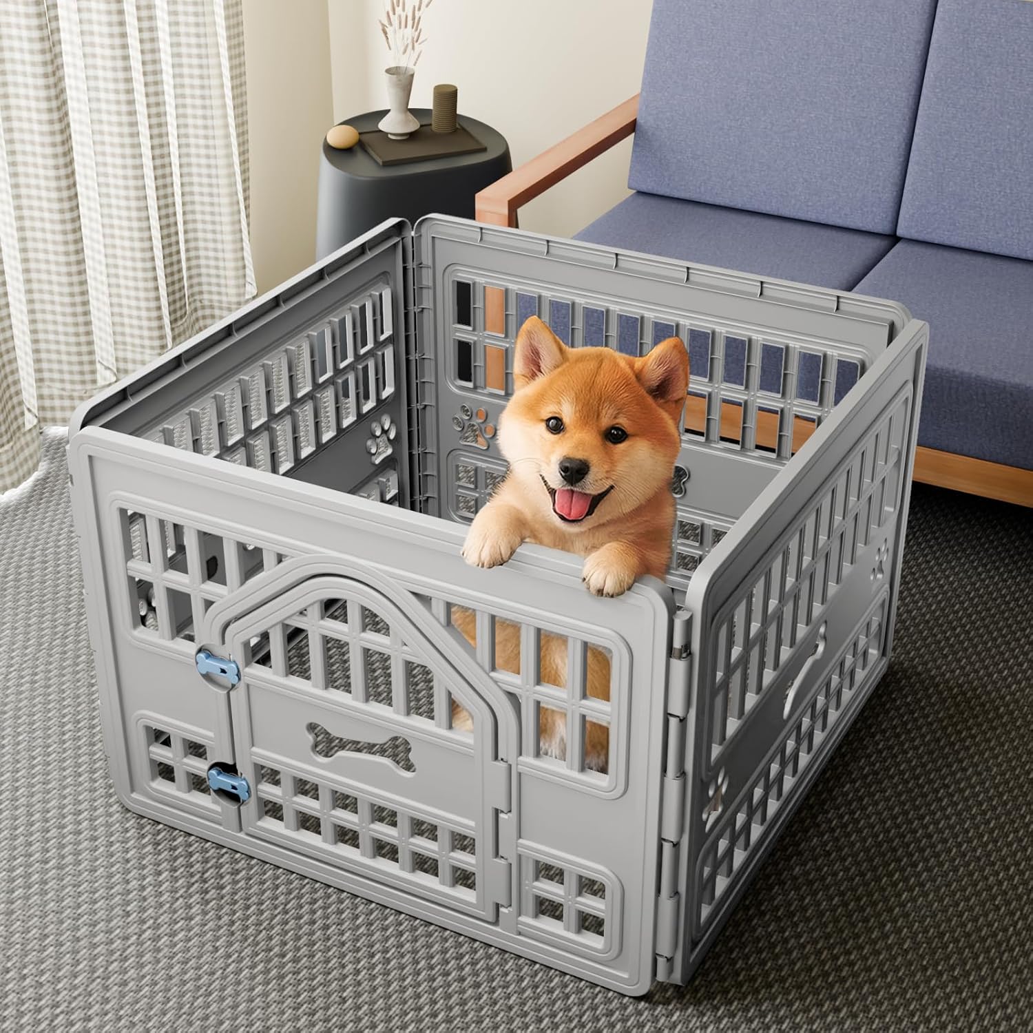 DRATO Dog Pet Playpen Gate for Dogs Cats Safe Secure Indoor Outdoor Pet Fence with Gate Easy to Clean Keep Pets Secure (Gray, 33.54 * 33.54 * 23.82, 4)