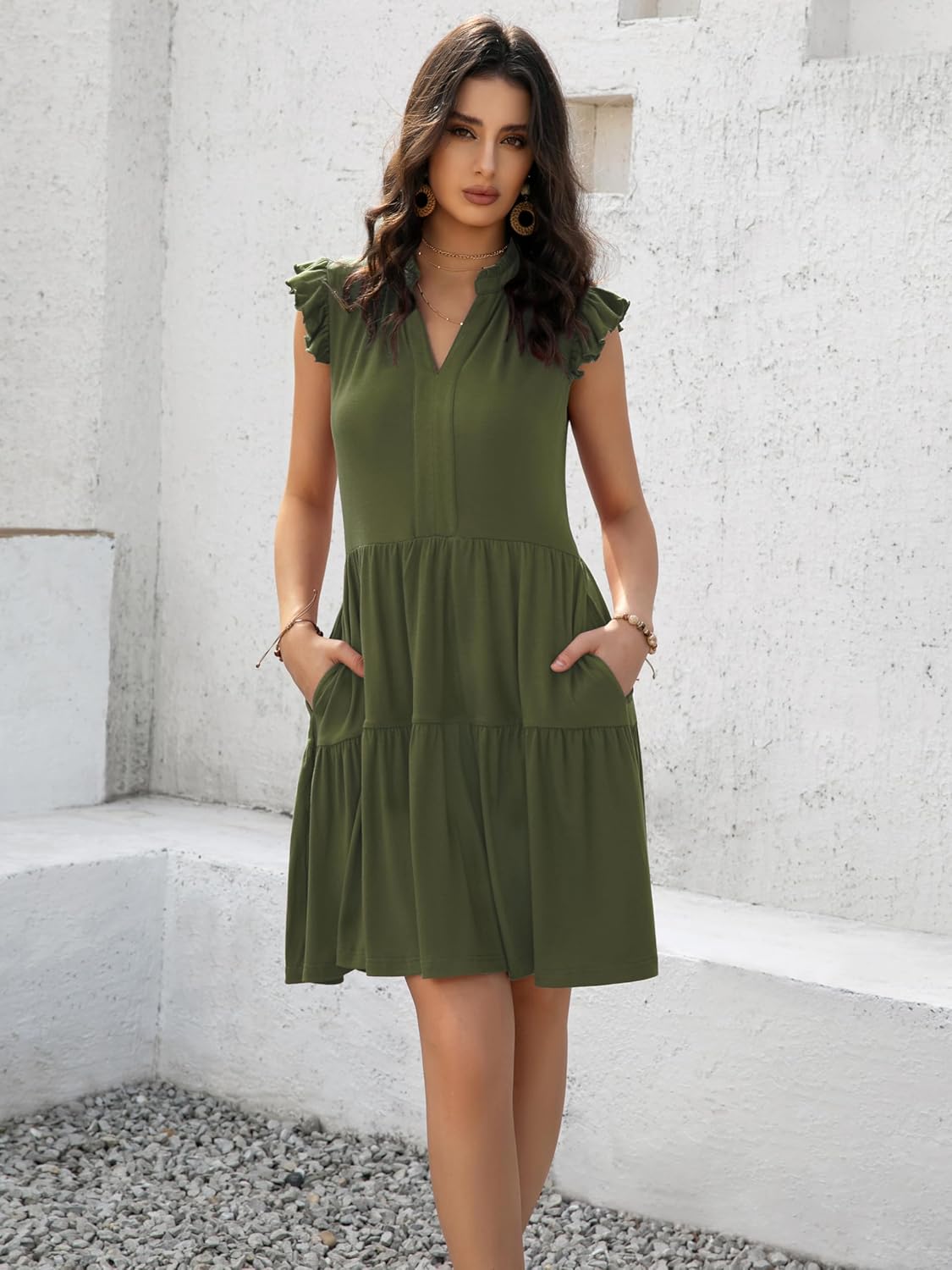 Womens Summer Casual Mini Dress Ruffle Sleeve V Neck Boho Sundress Flowy Babydoll Tiered Short Beach Vacation Dresses - Image 3