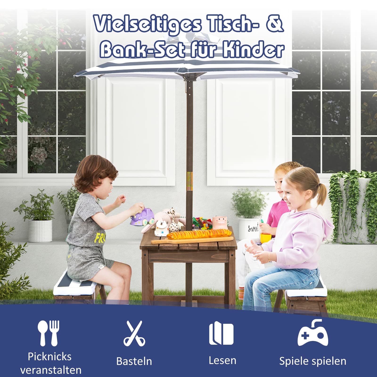 GOPLUS Kinder Picknicktisch, Kindersitzgruppe mit Bänke, Kissen & Sonnenschirm, Kindersitzgarnitur Outdoor aus Holz, Kindersitzbank Sitzgruppe Gartentischset Gartenmöbel für Garten, Terrasse & Balkon