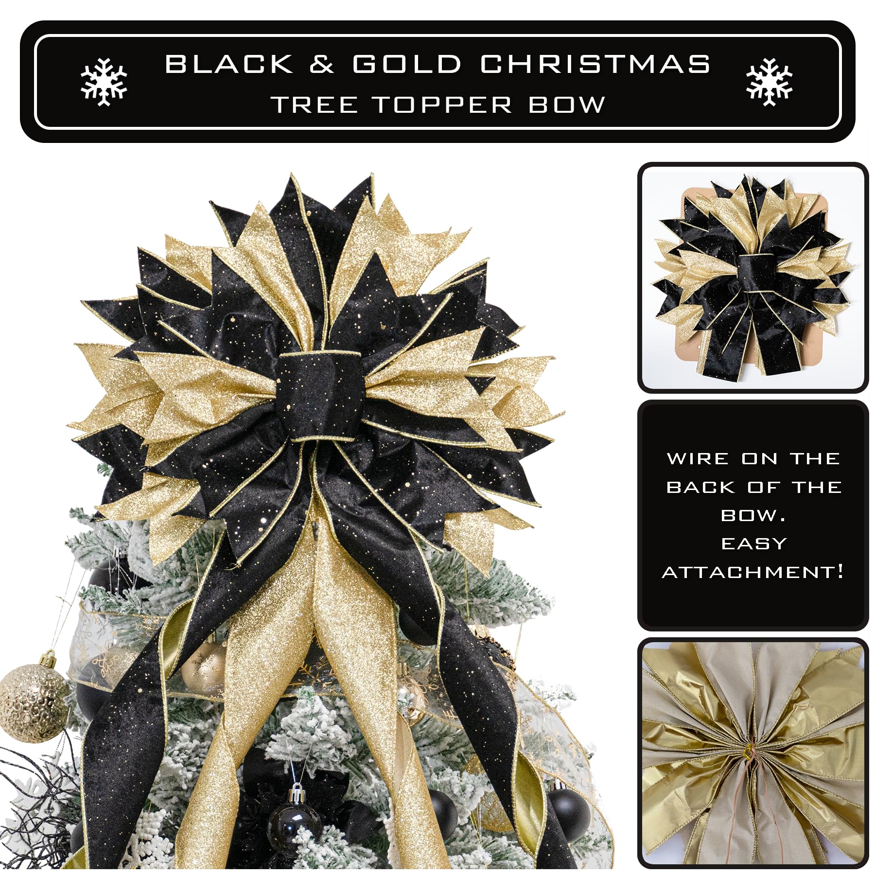 Hismir Christmas Tree Topper Bow, 53x13 Inches Large Christmas Bow with Glitter Streamer, Decorative Ribbon Bows for Xmas Tree Wreath Door Festival Home Decor(Black & Gold)