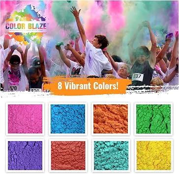 Color Blaze 8-Pack Holi Color Powder Includes 8 Vibrant Colors (75g Each) Pink, Red, Orange, Yellow, Green, Teal, Blue, Purple Perfect for Toss, Rangoli, Fun Runs, Color War, Parties & Festivals
