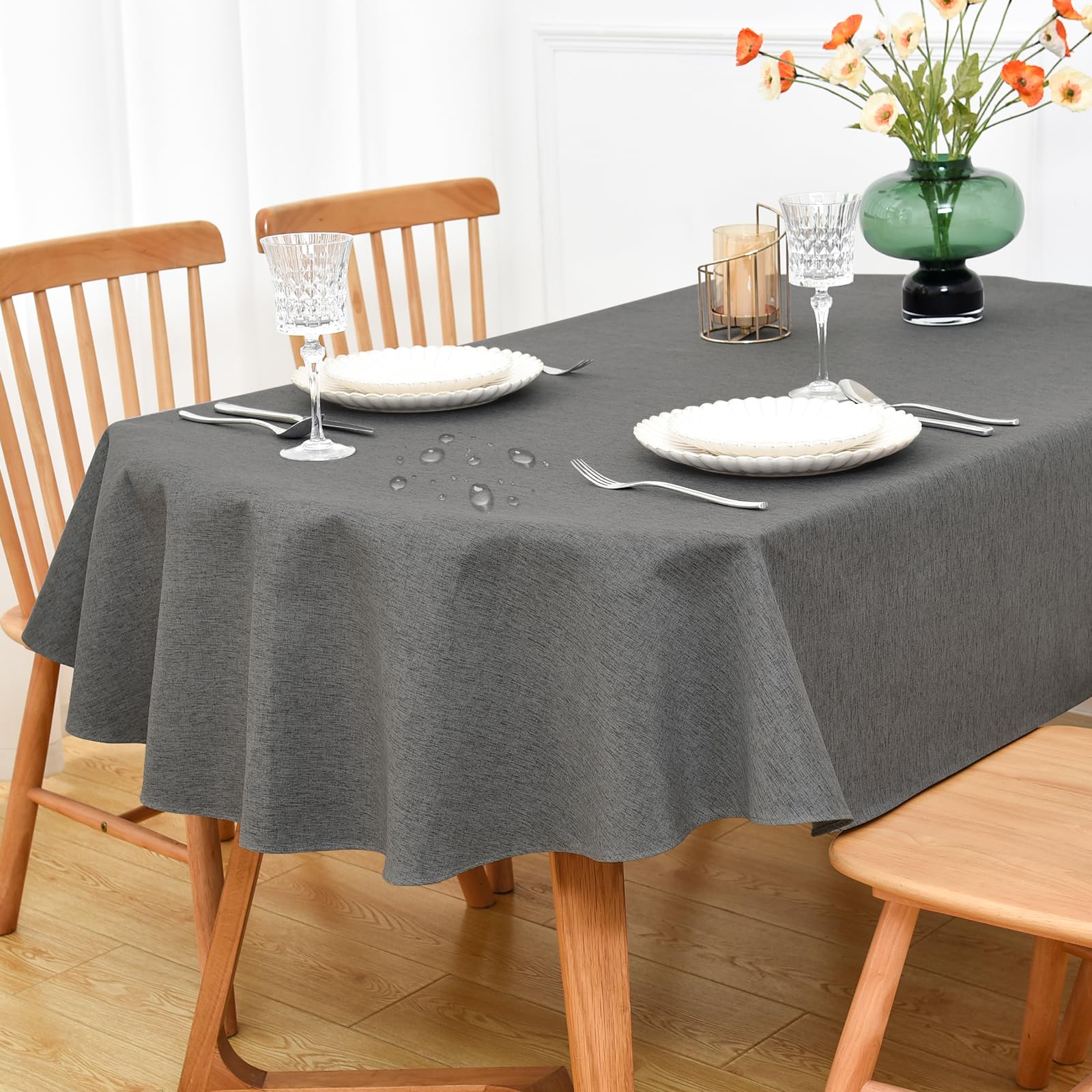 NEWISHER Farmhouse Water Resistant Oval Tablecloth 178x230 cm (70x90 inch), Faux Linen Table Cloth Wipe Clean, Washable Table Cover for Kitchen Dining, Party, Banquet Indoor Outdoor (Dark Grey)