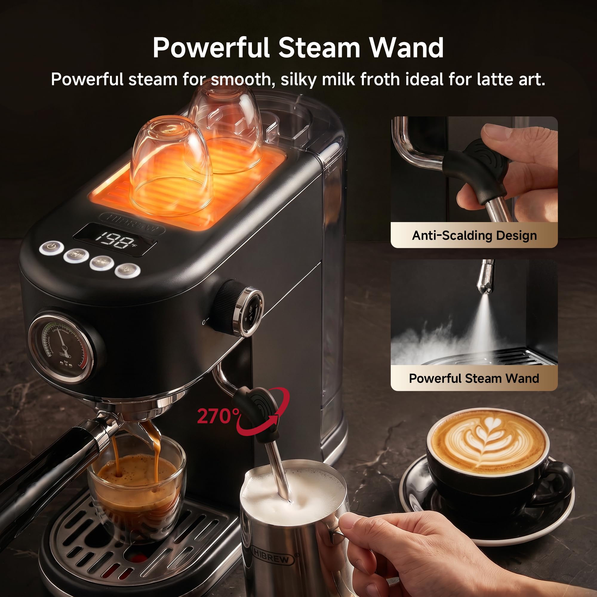 HIBREW H10B Máquina de Espresso Programable con Pantalla LED y Manómetro | Cafetera Compacta de Acero Inoxidable 20 Bar con Espumador de Leche, Portafiltro 51mm para Capuchino y Latte