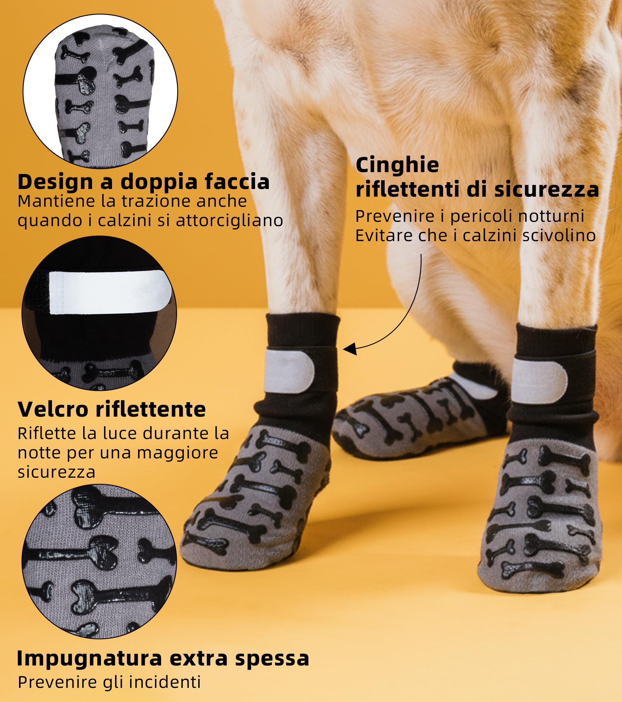 Fantasreen Calzini Antiscivolo per Cani con Osso, 6 Paia, Grigio Modern, M | Protegge le zampe su pavimenti in legno, neve e asfalto caldo. Grip a forma di osso. Morbido e traspirante.
