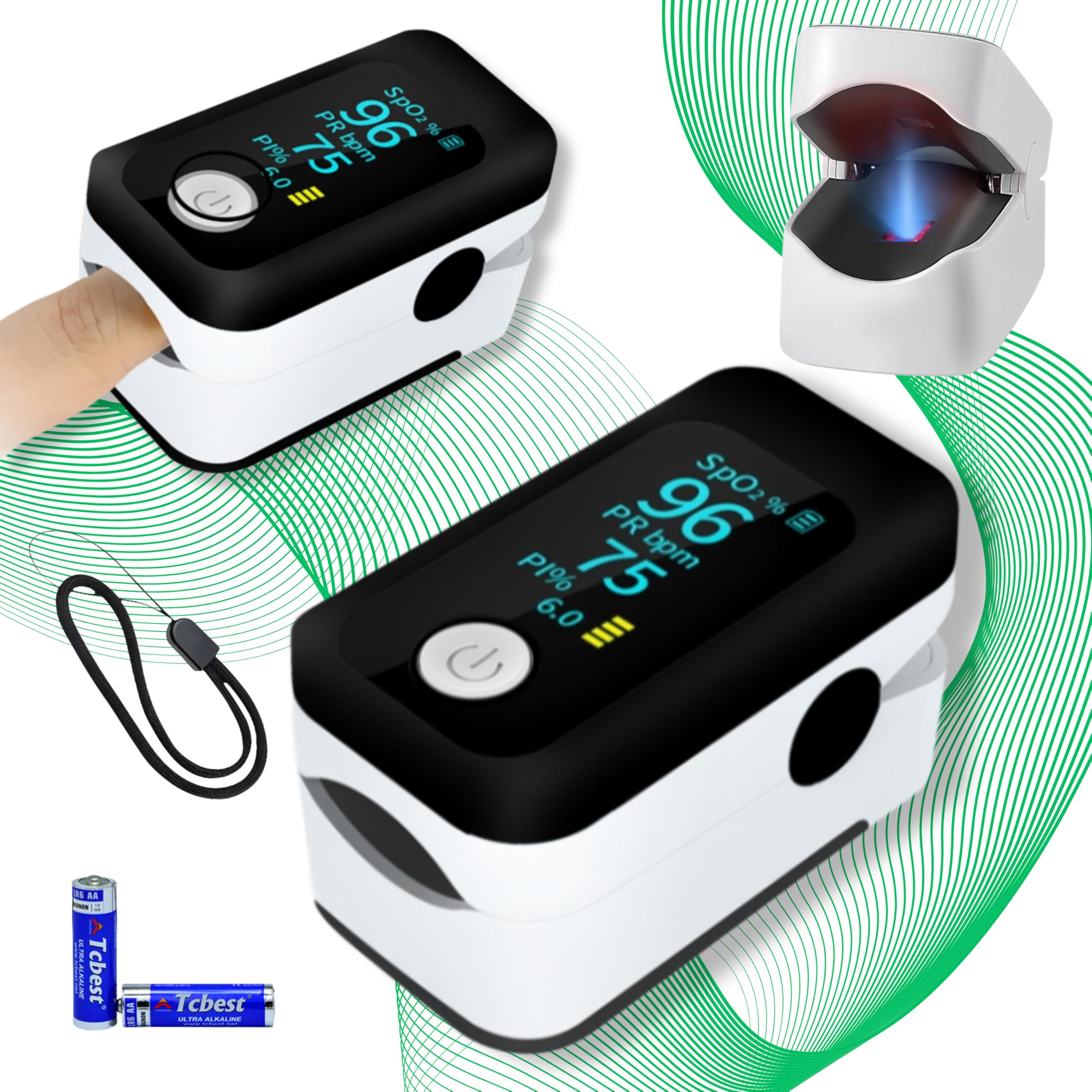 Oxímetro de Dedo Profesional, Pulsioxímetro Medidor preciso de la Saturación de Oxígeno en Sangre, Frecuencia Cardiaca. Oxímetro de Pulso para todas las Personas. Pantalla OLED. Incluye Pilas, Cordón