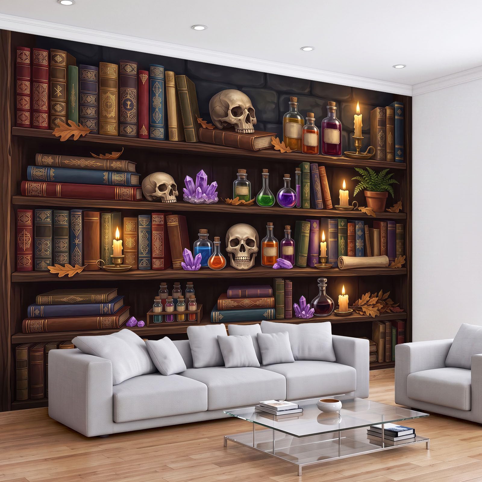 Fototapeta 500 x 280 cm, gotycka, retro, regał na książki, trupia czaszka, książka – tapeta z włókniny, fototapeta, tapeta ścienna z efektem 3D, nowoczesna tapeta kawowy do salonu i sypialni