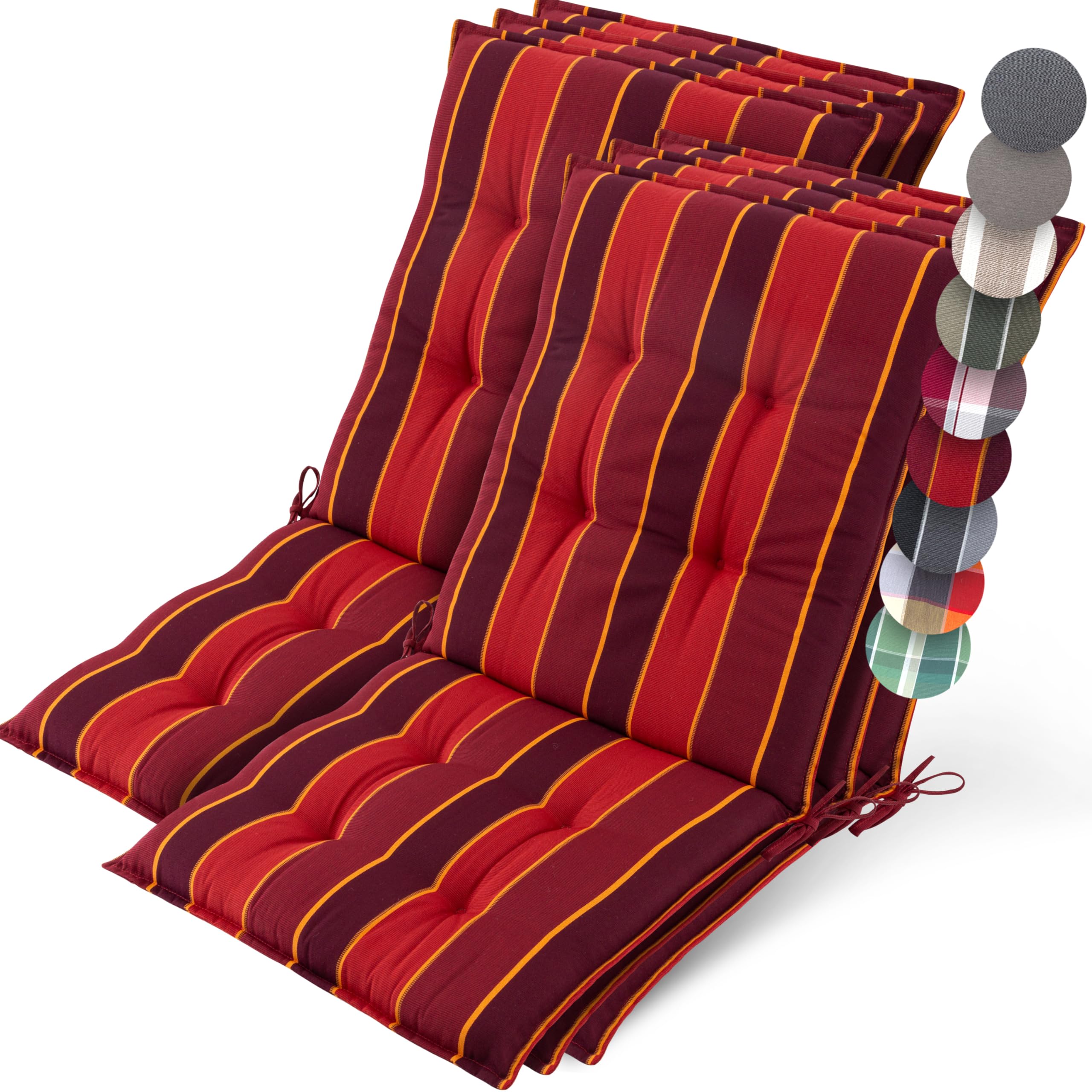 Beautissu Set of 6 Premium Outdoor Chair Cushion Low Back 100x50 cm - UV 8 cm Thick Padding Seat Cushions for Garden Chairs Non-Slip Fastening Straps - Red Striped - Sun-HL