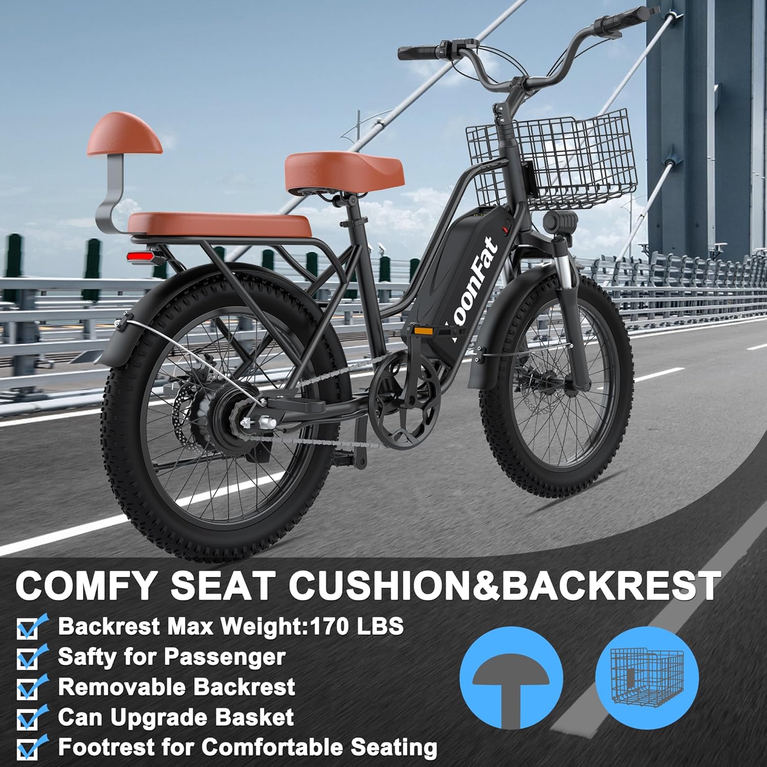 Electric Bike for Adult with Rear Seat & Front Basket, Peak 1000W Ebike - 48V 13Ah - 2 Seats Commuting Electric Bicycle - F/R Disc Brake - Front Fork Shock Absorption-20 x3.0 Fat Tire