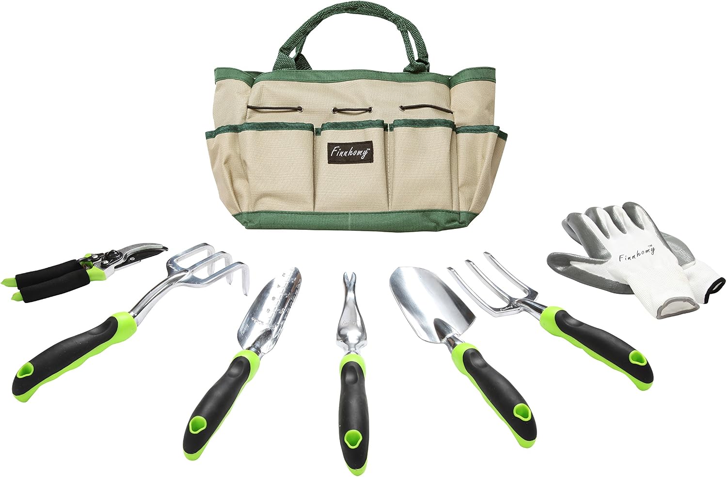 Finnhomy 8 Piece Garden Tool Set with Garden Tote Bag and Work Gloves - Hand Tools with Ergonomic Handles Including Trowel, Cultivator, Transplanter, Fork, Weeder, Pruning Shears