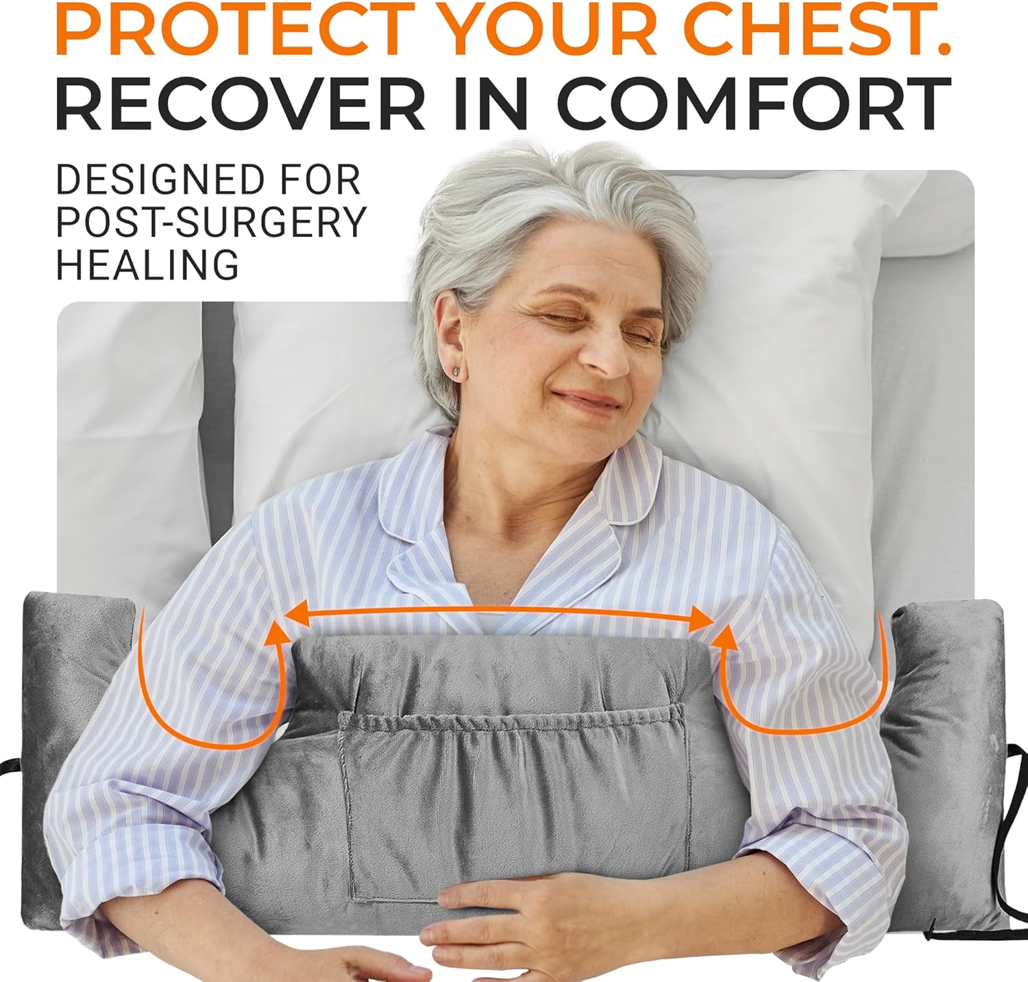 Cheer Collection Post Mastectomy Pillow, Post Surgery Chest Protection Pillow for Breast Reduction Surgery with Front and Back Pockets, Washable Cover - Gray