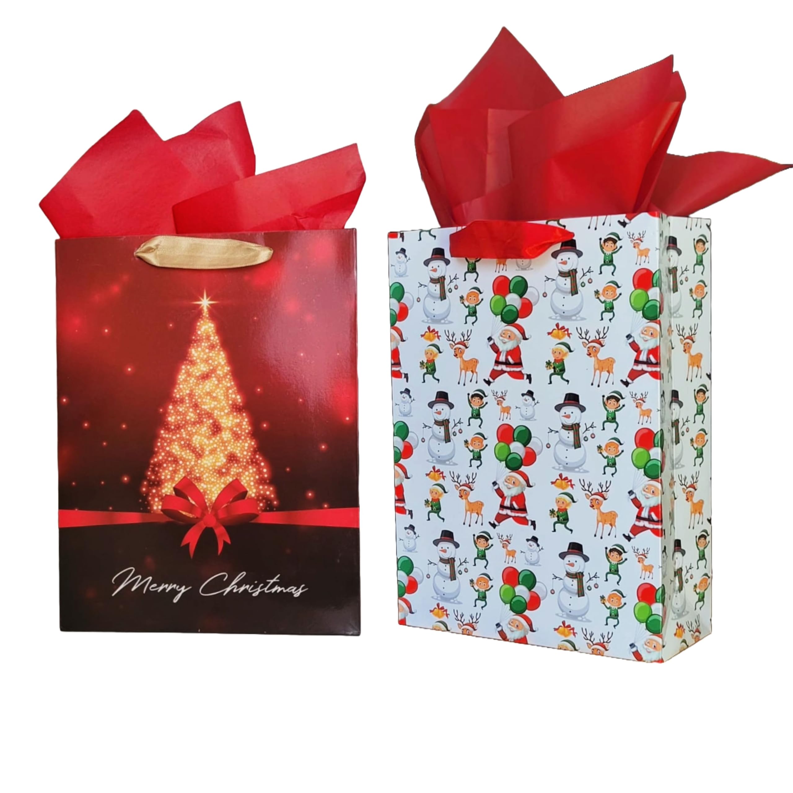 Flora Paperbags- |Christmas Paper Bags| Combo | Pack of 10 | 12x9x3.5 inch Xmas Gift Bags| Medium Size paper bags for christmas | Gift Bags with Tissue Paper | Santa Goodie Bags