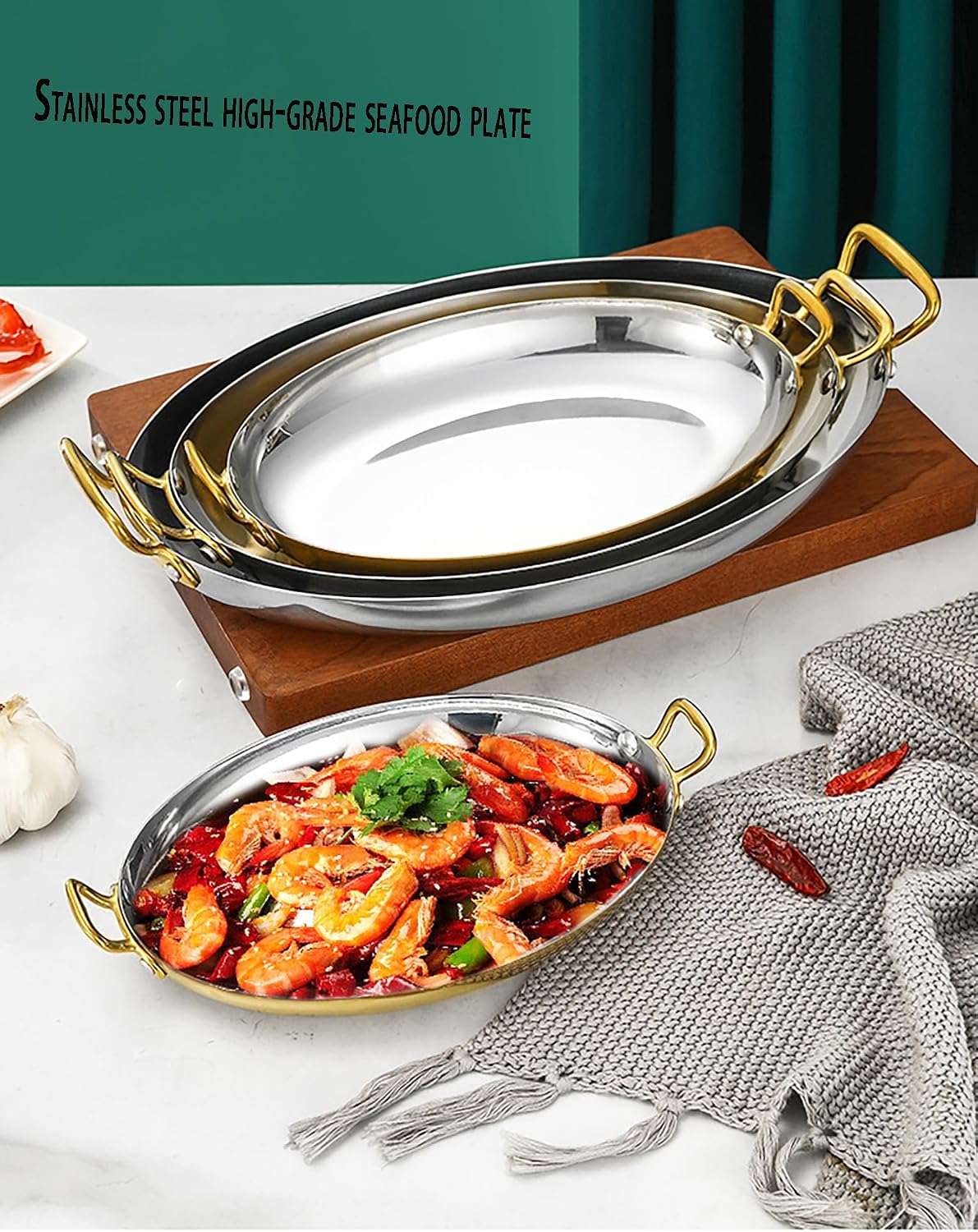 Paella Cooker Stainless Steel Paella Pan with Handles Oval Spanish Paella Pan, Stainless Steel Seafood Paella Pan Cookware for Homes,Silver,Large