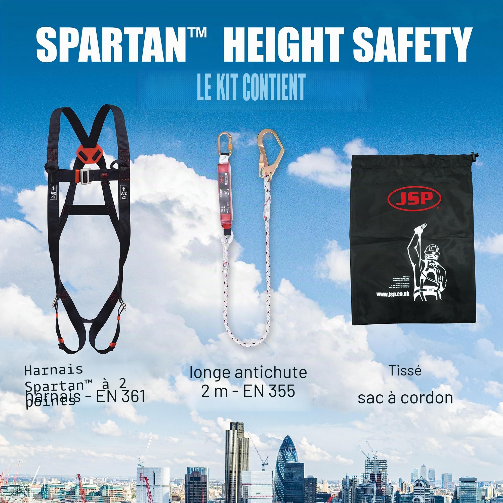 JSP SPARTAN Kit Antichute - Noir - Taille Unique - Sécurité en Hauteur - Harnais et Baudrier Sécurité Antichute pour Toiture, Échafaudage, Plateformes et Maintenance - EN 361 & EN 355