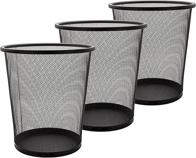 AHUNTTER 3 Pack Mesh Waste Paper Bin 12 Litres Metal Waste Basket Small Trash Can Rubbish Bin for Bedrooms Bathrooms Office Home Kitchens Supplies, 24 X 26cm Black Circular