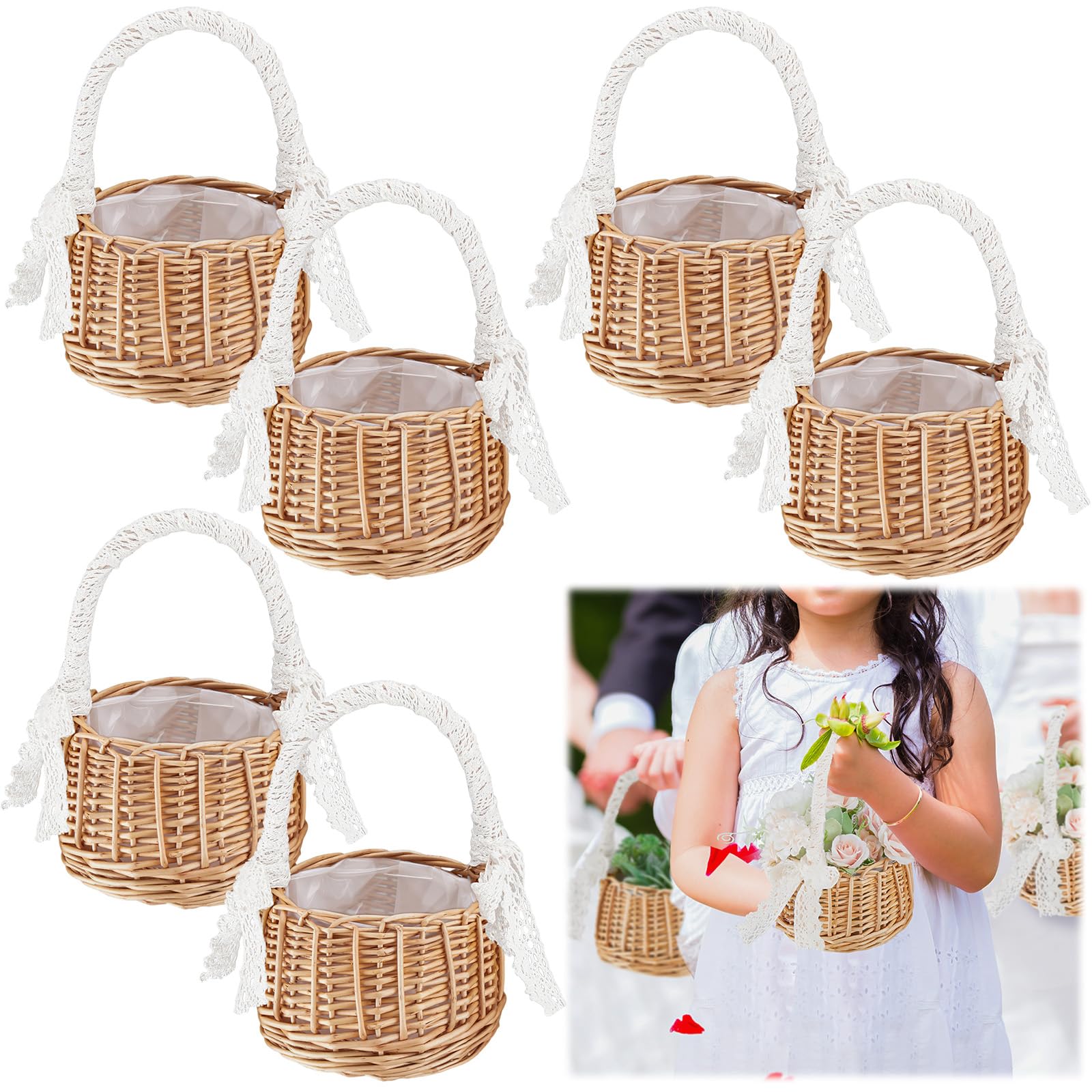 Ziliny6 Pcs Wedding Flower Girl Basket Woven Storage Basket with Handle and Ribbon Wicker Rattan Flower Basket for Wedding Birthday Party Supplies Home Garden Decor