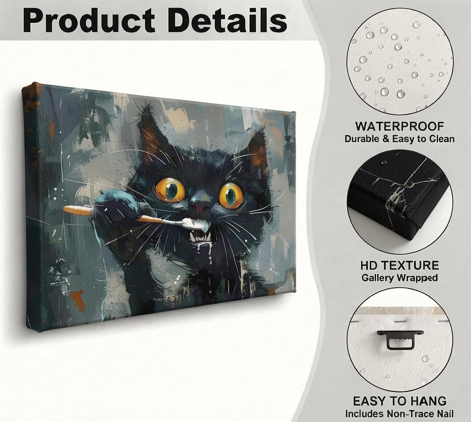 Funny Cat Brushing Teeth Canvas Wall Art Interesting Animal Bathroom Wall Decor Picture A Black Cat Brushing His Teeth Poster Print for Bathroom Washroom Laundry Room Toilet Restroom Home Decorations