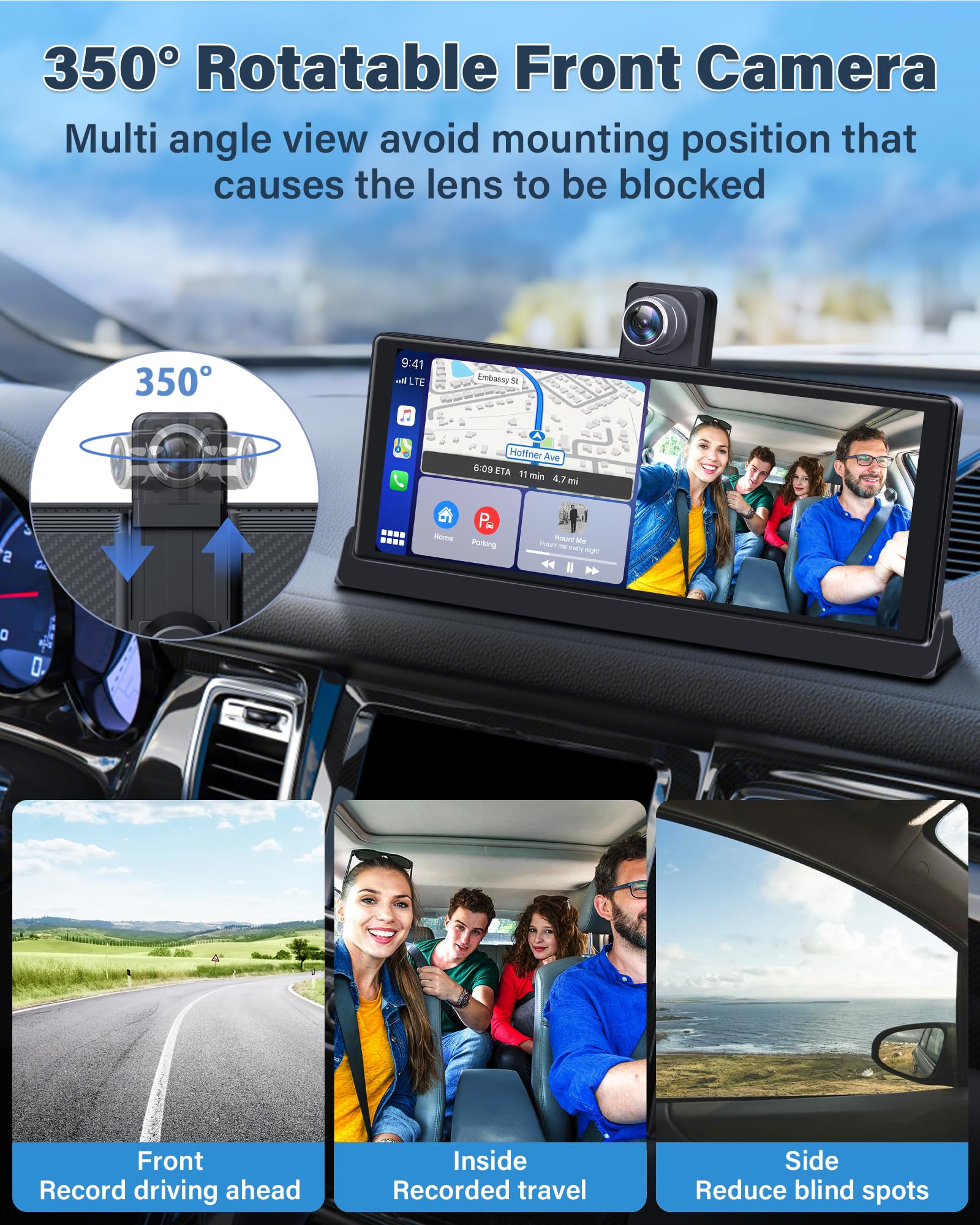4K Apple Carplay Android Auto Display mit Exklusive Halterung, 350° Drehbare 10,26 Zoll Auto Display Car Play Bildschirm, Buddy Display mit Siri/G-oogle GPS Navigation Bluetooth 64GB TF-Karte