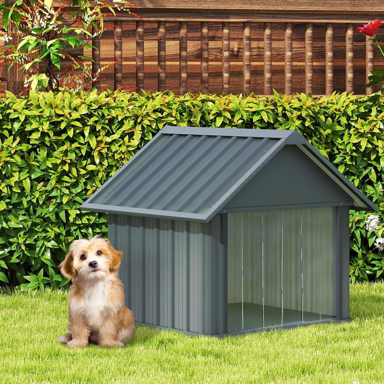 Erinnyees 30 Inch Dog House Outdoor with Door Curtain, Weatherproof Puppy Shelter for Medium Large Dogs with Anti-Chewing Iron Frame, Sturdy and Long-Lasting Dog Tent