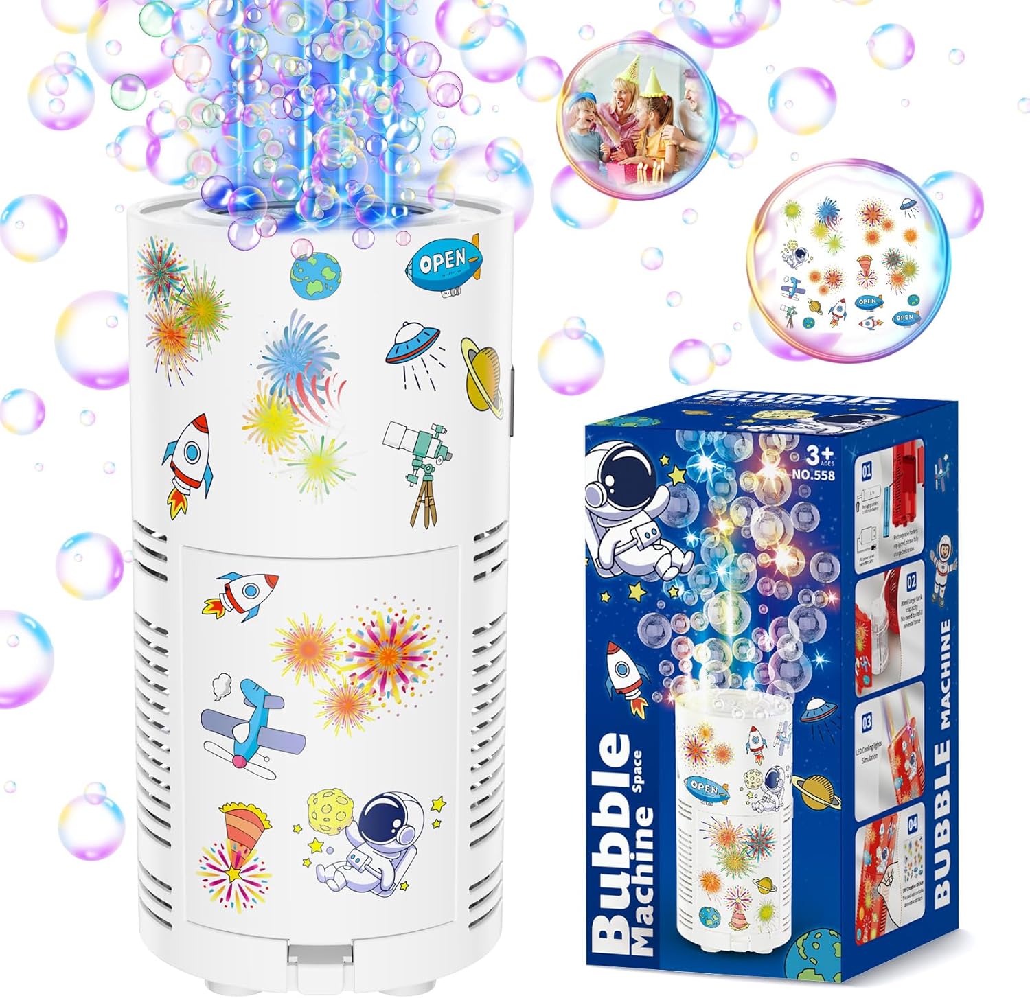 Fireworks Bubble Machine, Kids Automatic Bubble Blower with Lights/Battery/DIY Sticker/80ml Solution, 10000+ Bubbles per Minute Electric Bubble Machine Making Toys for Outdoor Party Wedding