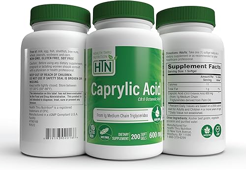 Miniatura 5 de Health Thru Nutrition Ácido caprílico de 600 mg (como ácido octanoico C8) de aceite MCT puro de 0.04 oz  Sin OMG y sin soja  Apoya la salud
