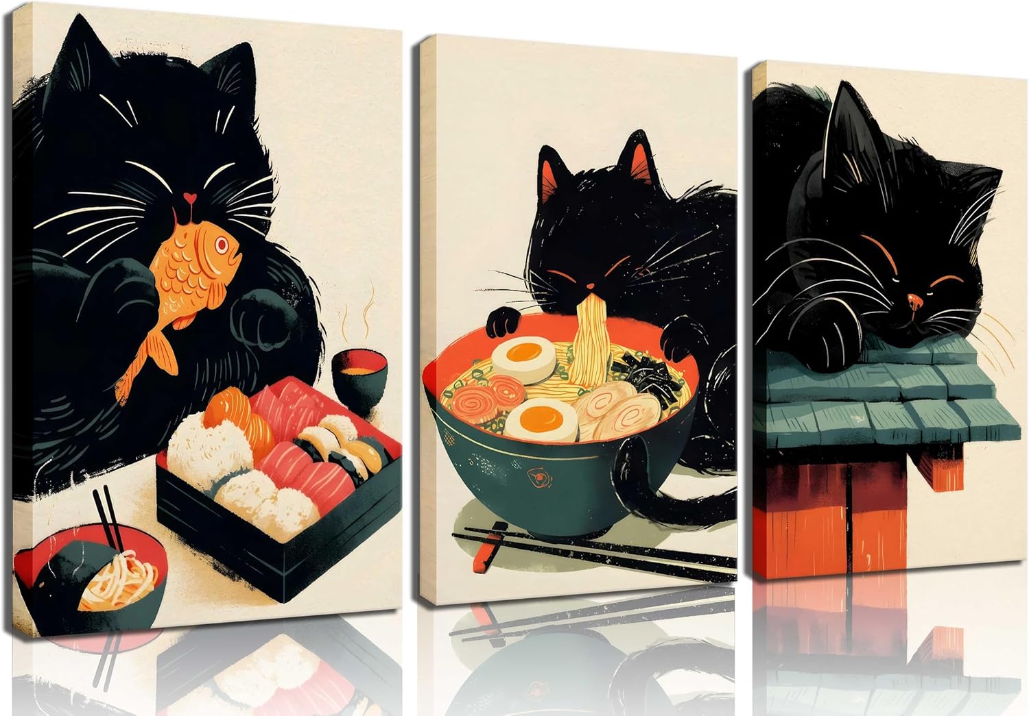 3Pcs Japanese Ramen Black Cat Wall Art Cute Animal Cats Eat Food Painting Pictures Tokyo Delicious Noodle Sushi Canvas Prints Hungry Cat Cuisine Poster For Kitchen Teens Room Wall Decor Framed