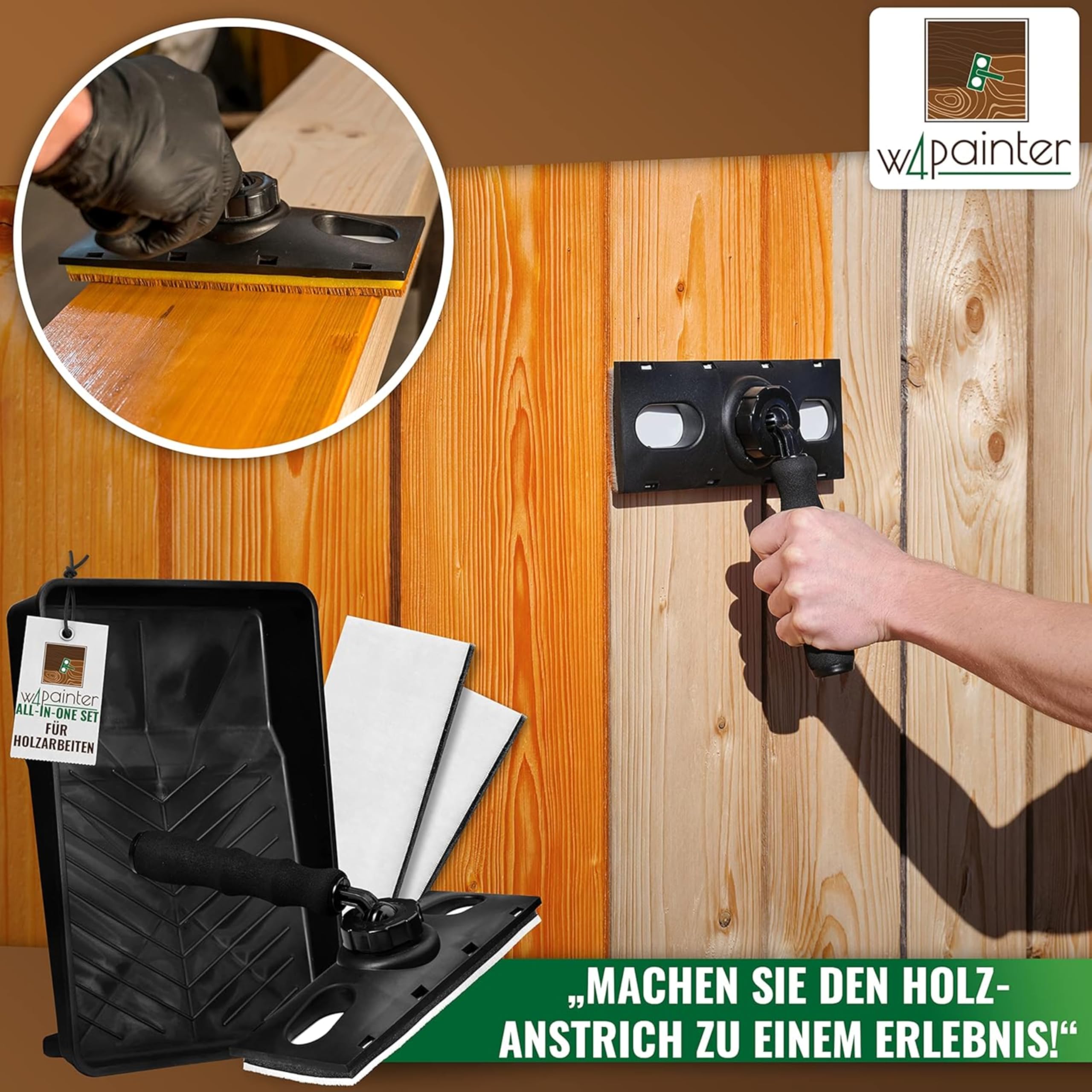 W4 Flächenstreicher für Holz - 3er Streichset Holz - ideale Pinsel Alternative - Streichwerkzeug für Lasuren, Farben, Öle, Versiegelungen - Anstreich Werkzeug