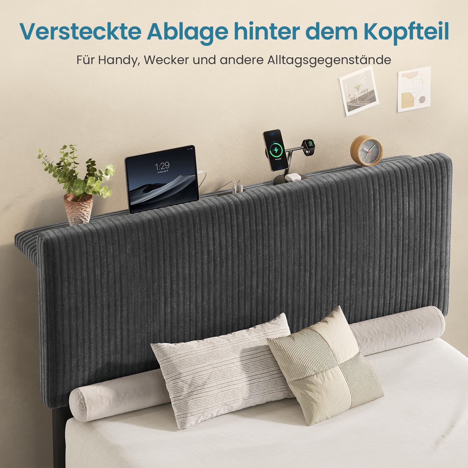 KIMENICH Polsterbett 90x200cm mit Hydrauliksystem & Stauraum, Stauraumbett mit Höhenverstellbarem Kopfteil, Bettgestell 90x200cm mit Smart LED, Bett mit Ladestation,Gestreifter Samt,Grau