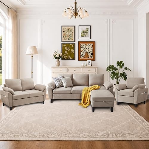 4 Pieces Sectional Sofa Set, 79" Modern L Shaped Couch & Loveseat & Accent Chair, Linen Small Couch Set with Reversible Ottoman, Convertible Couches for Living Room, Apartment, Beige